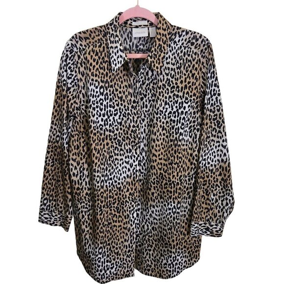Chico's No Iron Cotton Cheetah Print Button Front Blouse Size L - Picture 1 of 6